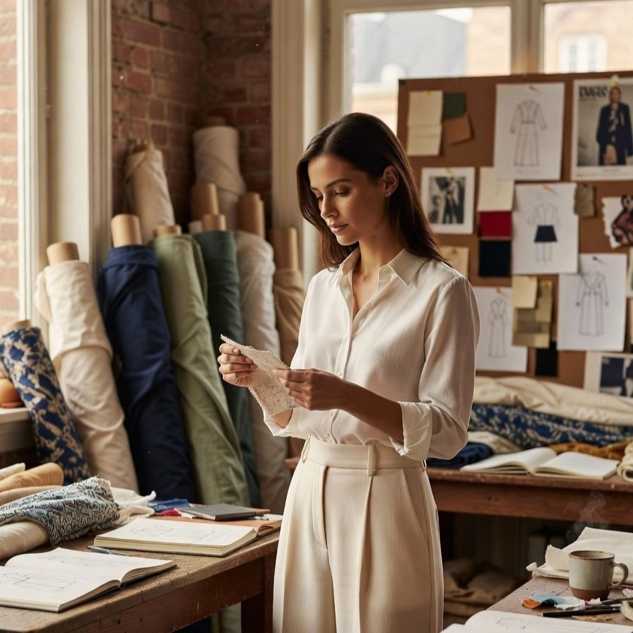 Aurora's creative director photographed in her design studio, examining fabric swatches