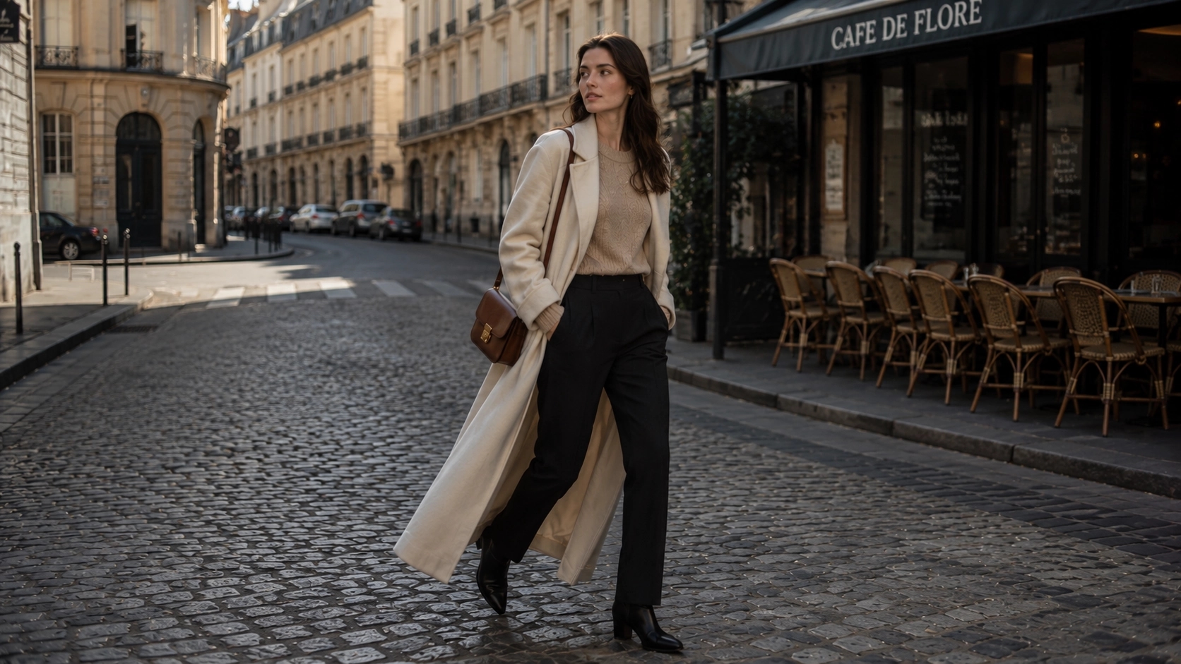 Woman in tailored cream overcoat walking through European cobblestone street at golden hour
