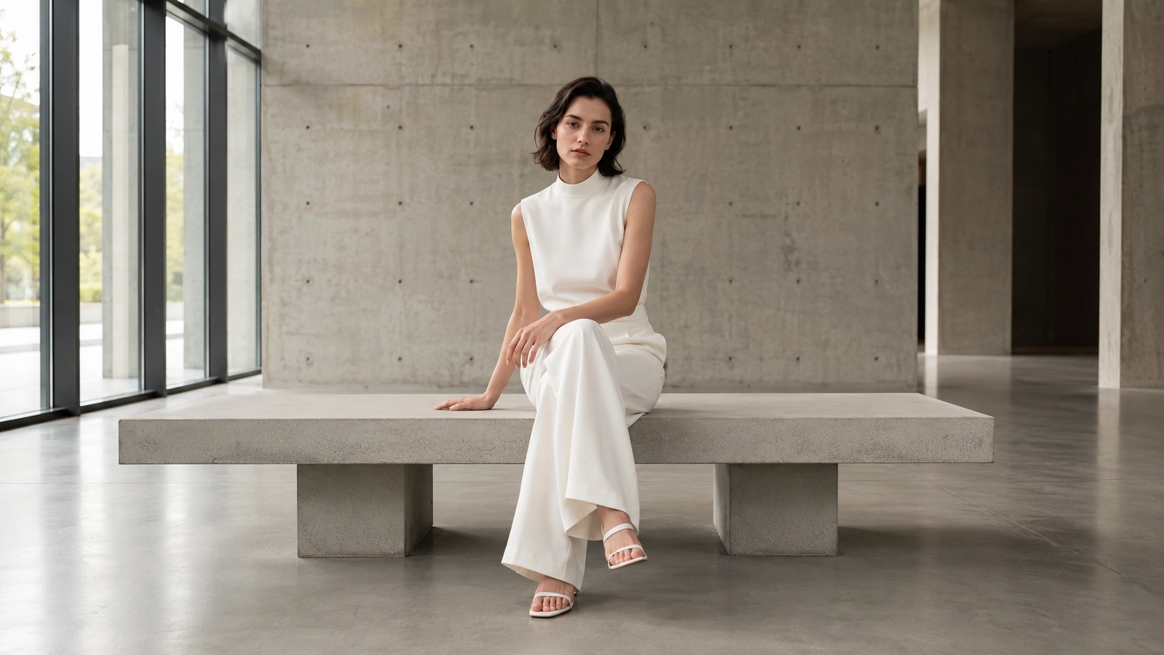 Female model in all-white minimalist look in brutalist concrete architecture