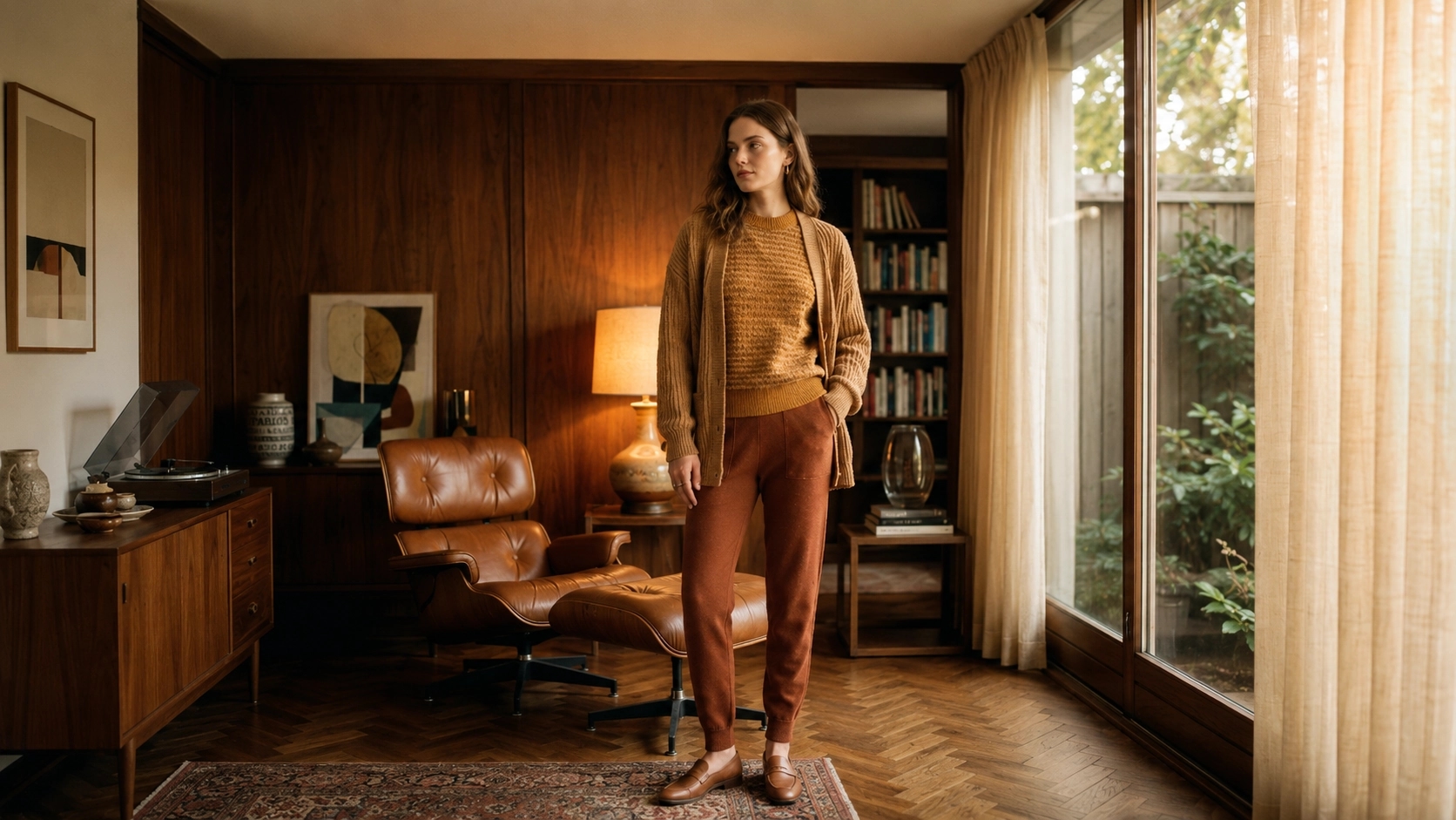Model in earth-tone outfit in a mid-century modern interior