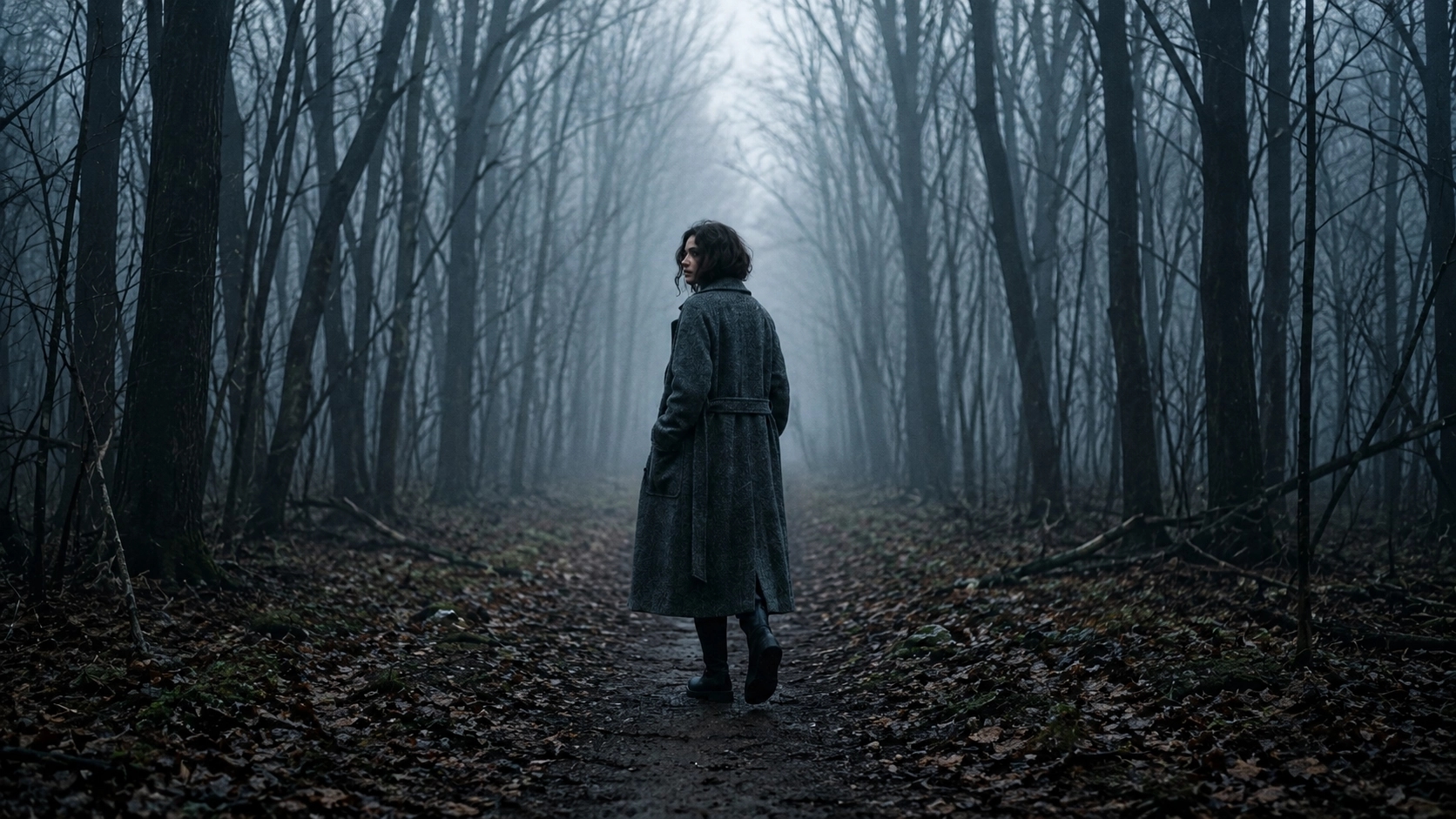 Solitary figure in charcoal coat in a misty forest at dawn